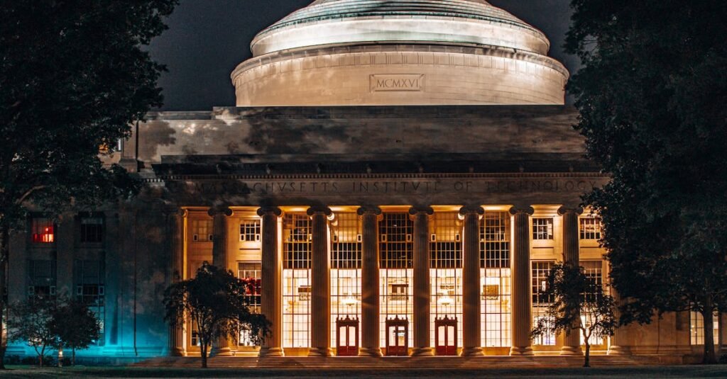 Stunning nocturnal view of the iconic MIT Great Dome in Cambridge, Massachusetts.